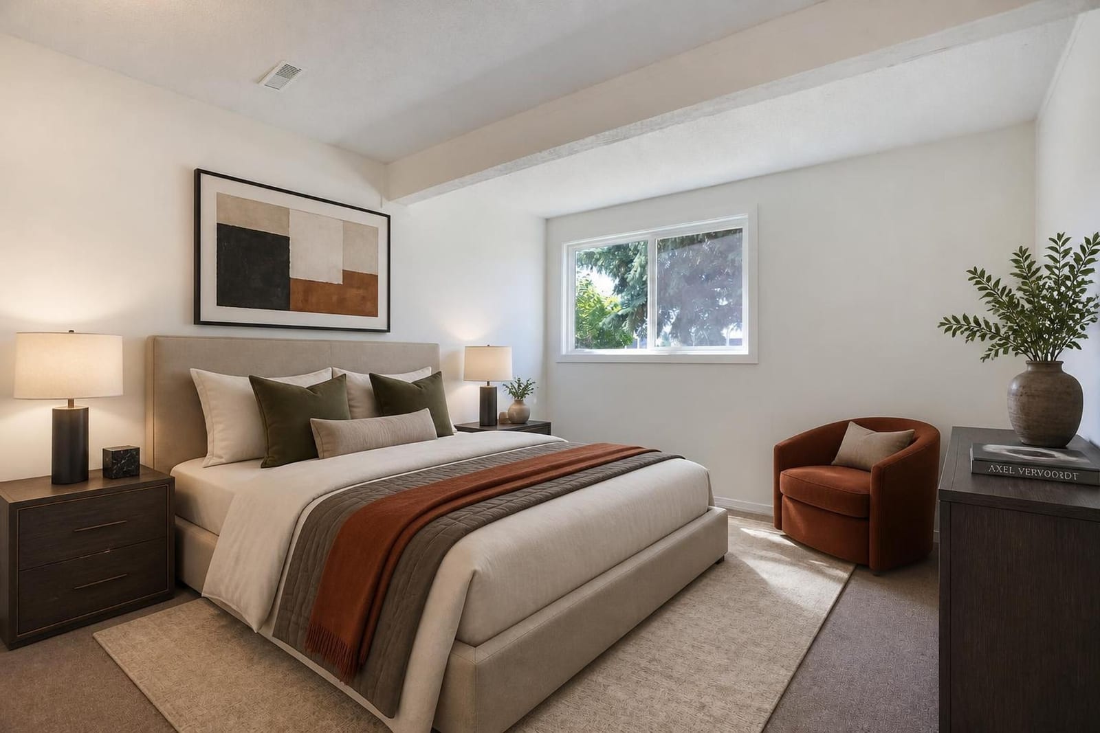 Furnished bedroom presentation; unfurnished view also provided