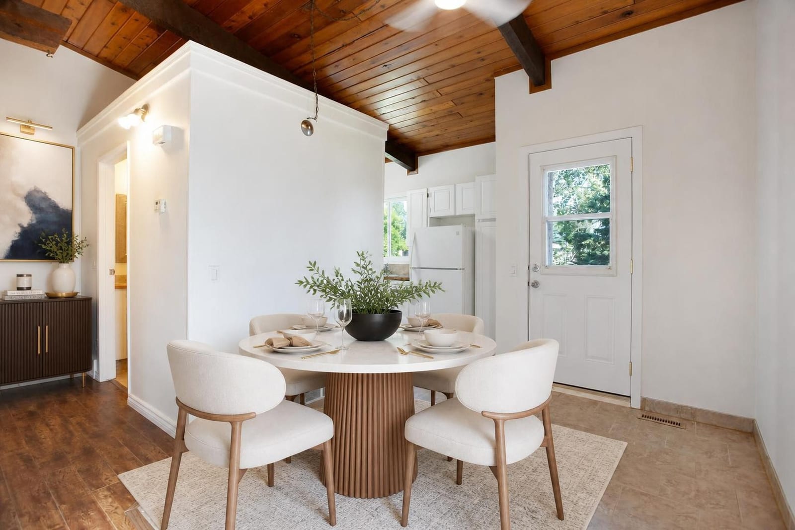 Furnished dining presentation; unfurnished views also provided