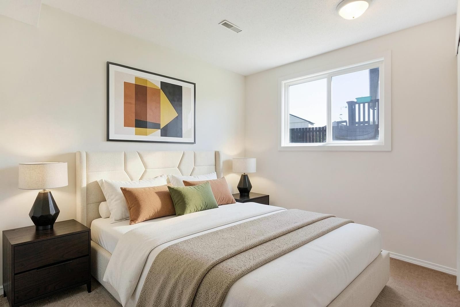 Furnished second-bedroom presentation; unfurnished view also provided