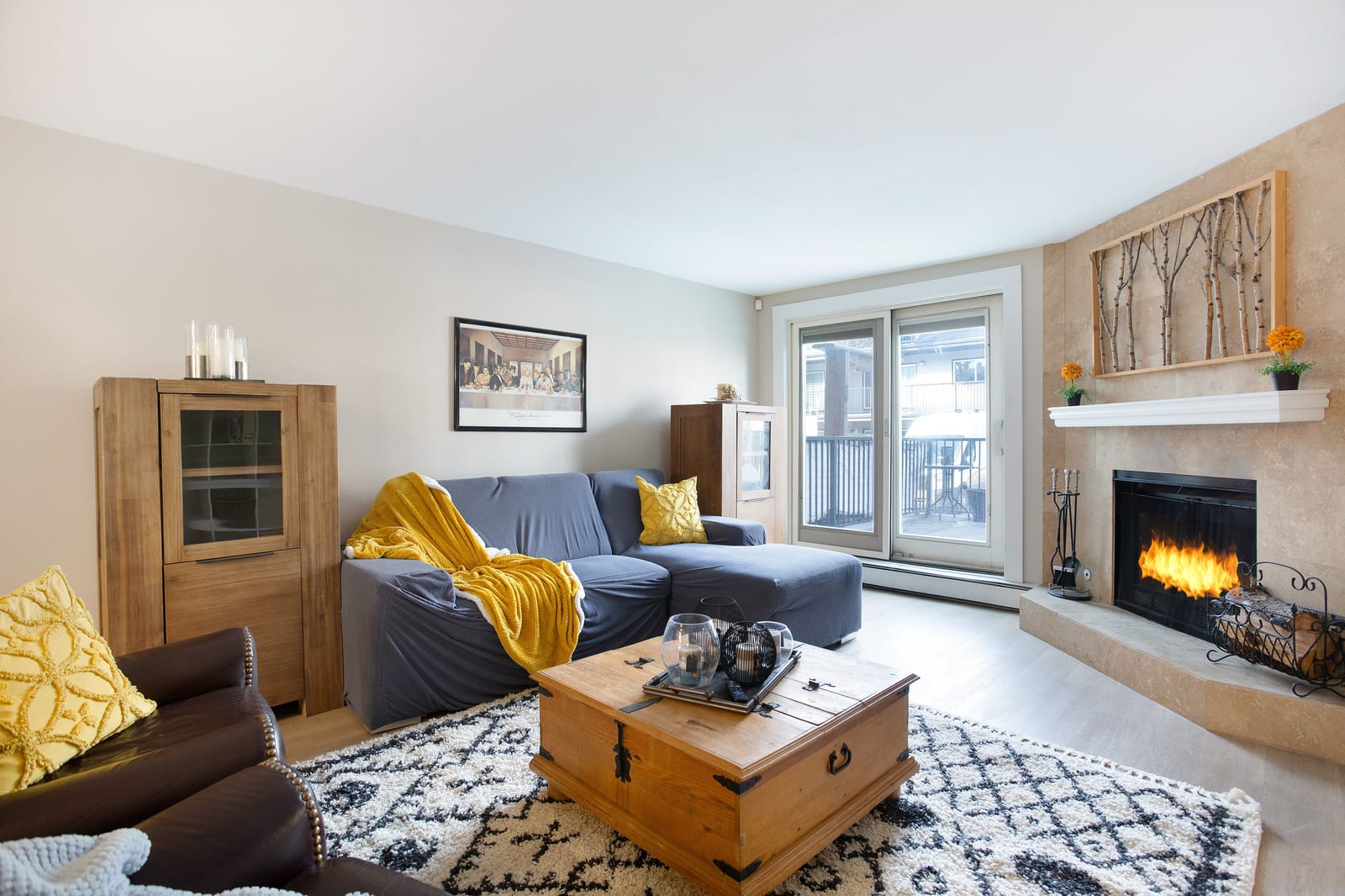 Living room with wood-burning fireplace