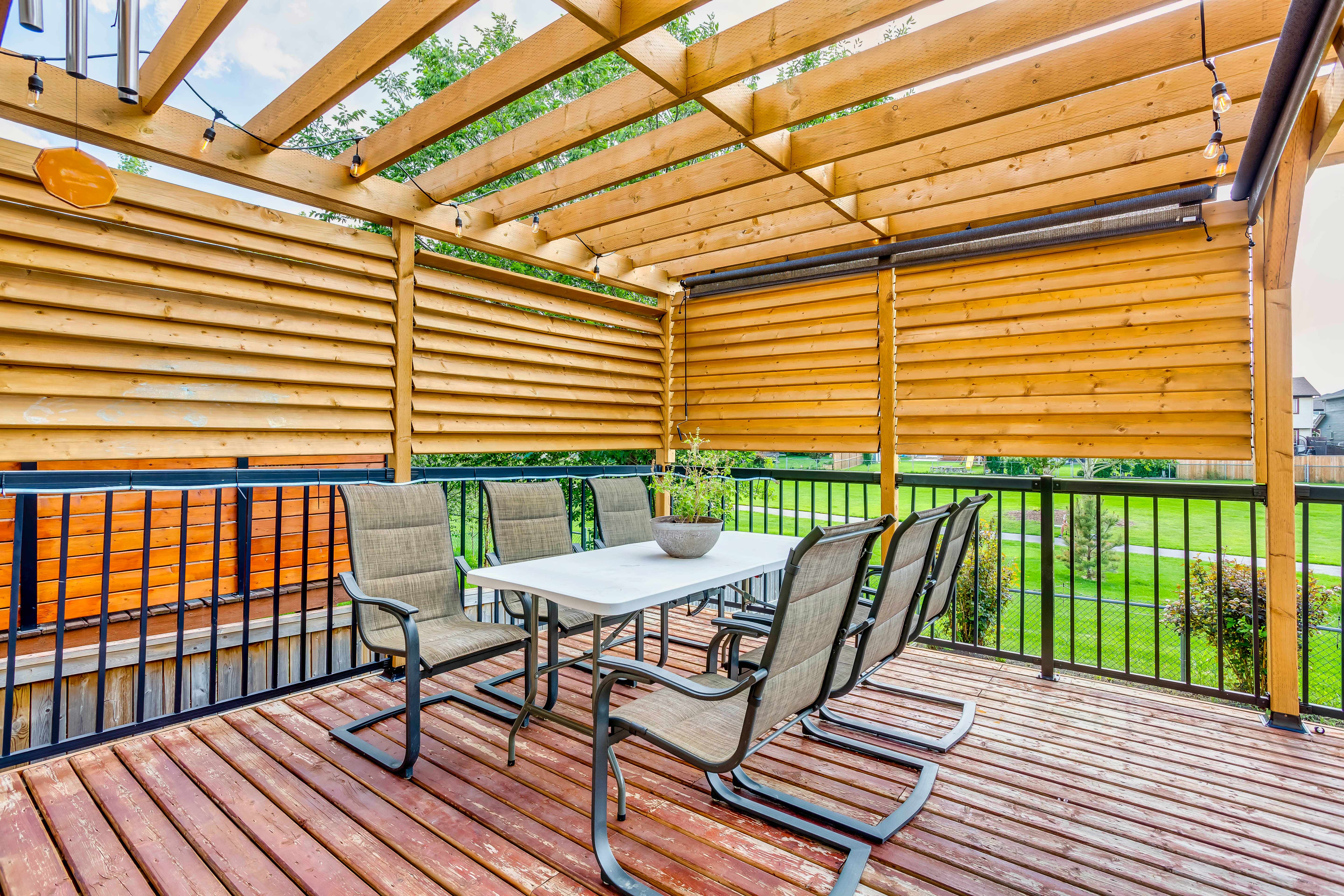 Shaded pergola seating on the deck