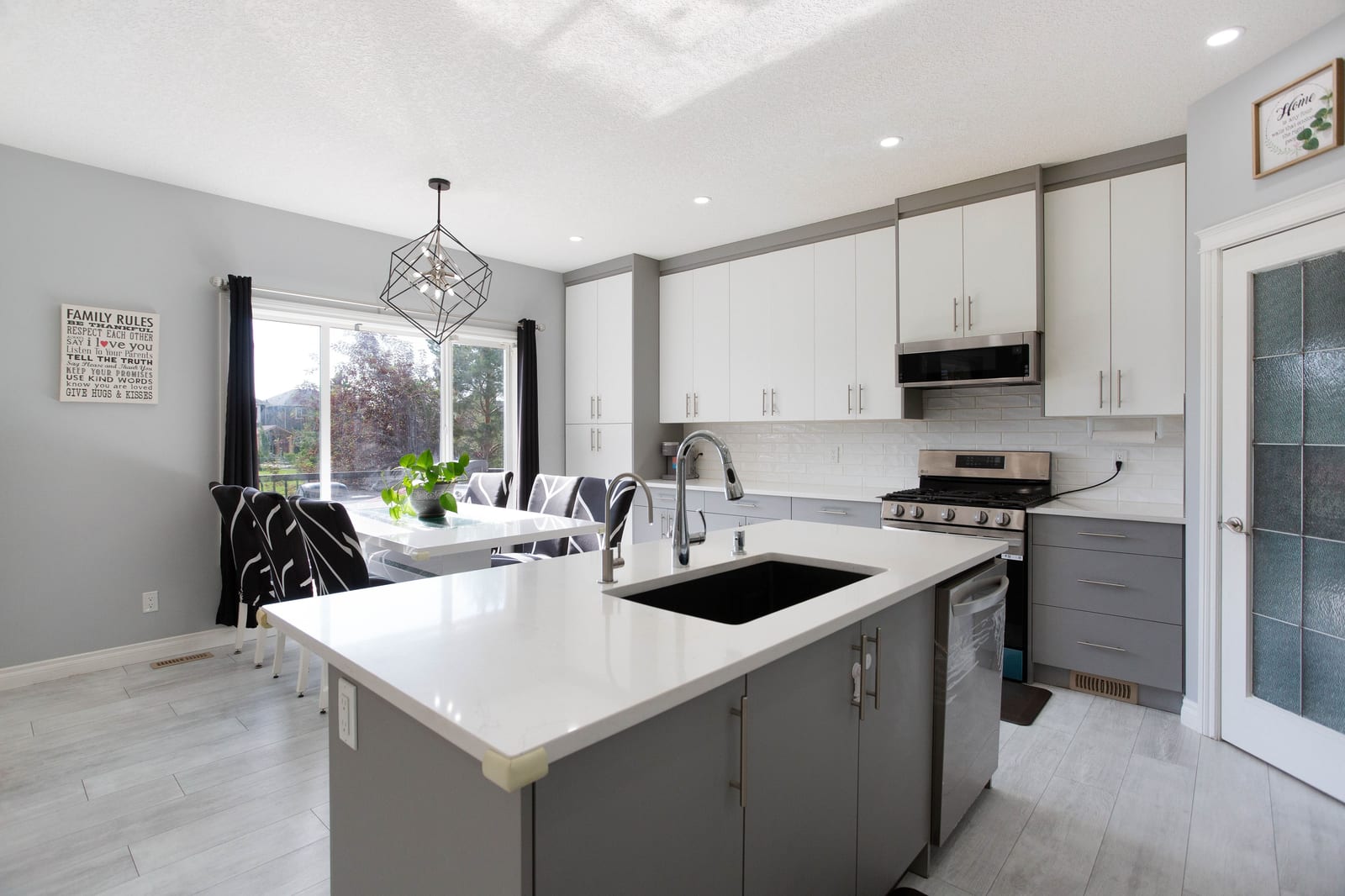 Kitchen island and adjacent dining area
