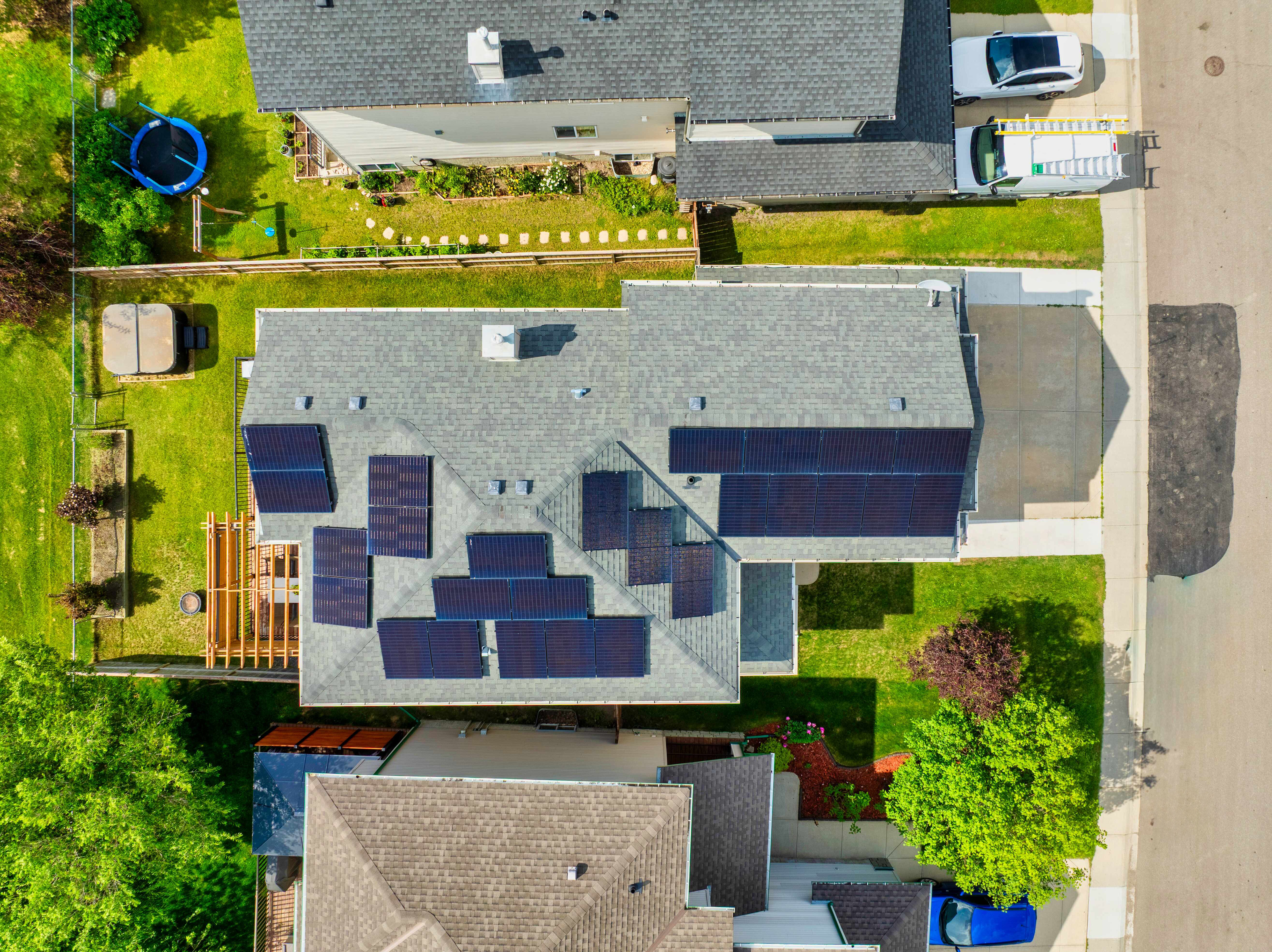 Overhead view of roof and solar panels