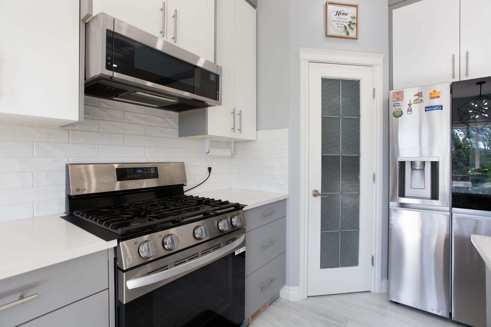 Kitchen range, refrigerator and pantry door