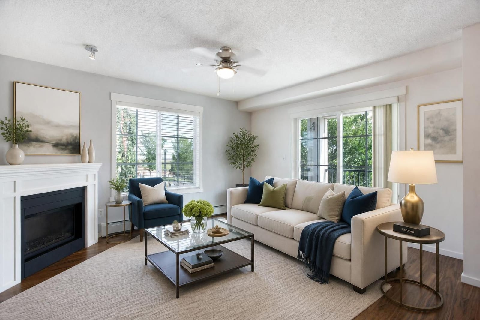 Furnished living-room presentation; unfurnished views also provided