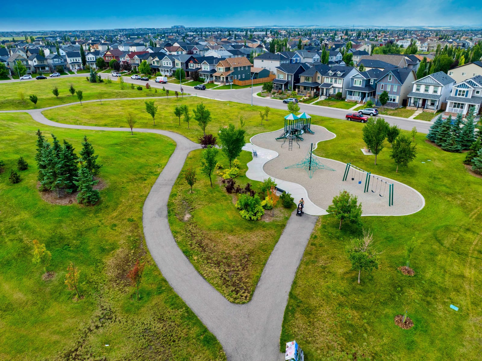 Aerial showing neighbourhood greenspace and paths