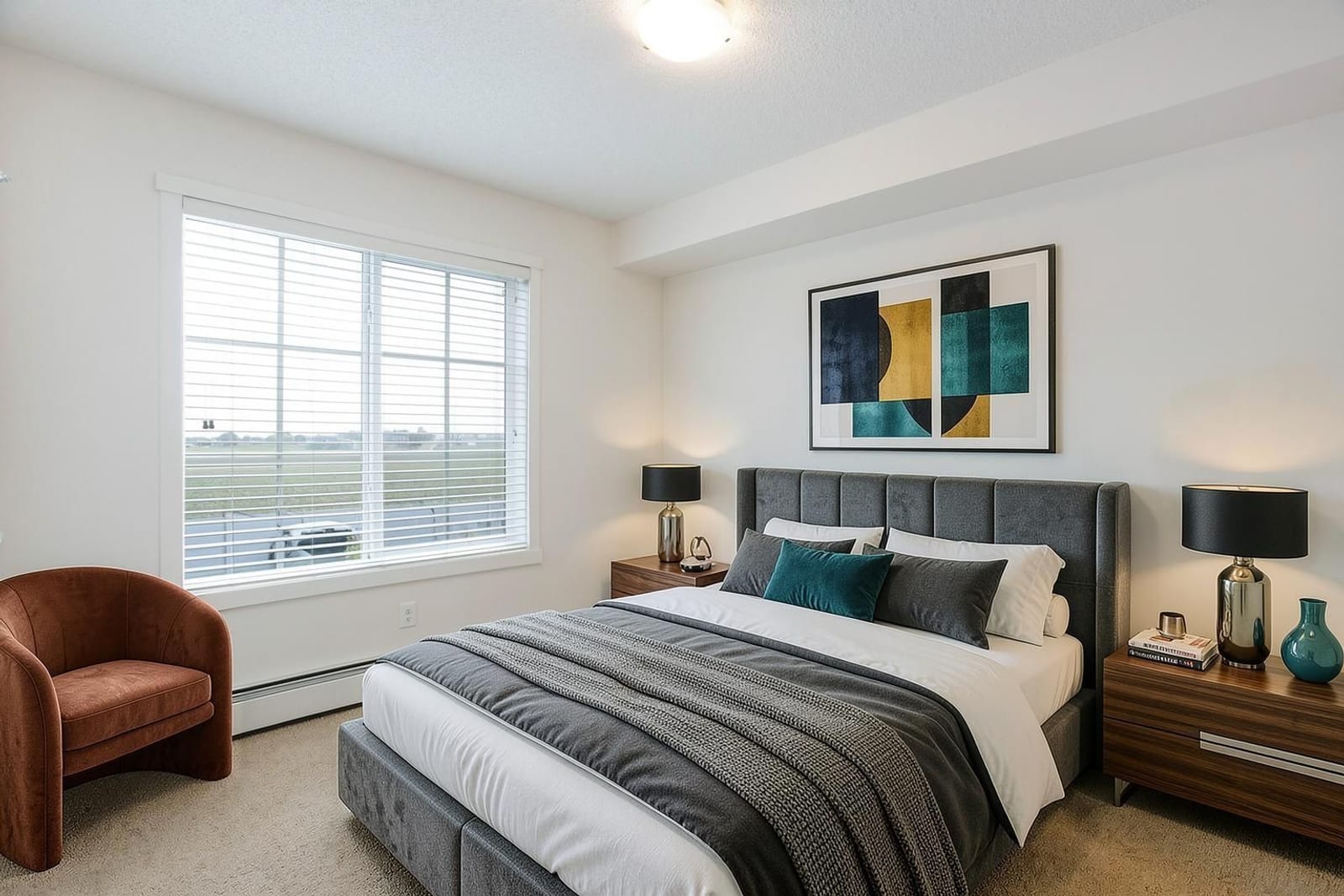 Furnished second-bedroom presentation; unfurnished view also provided