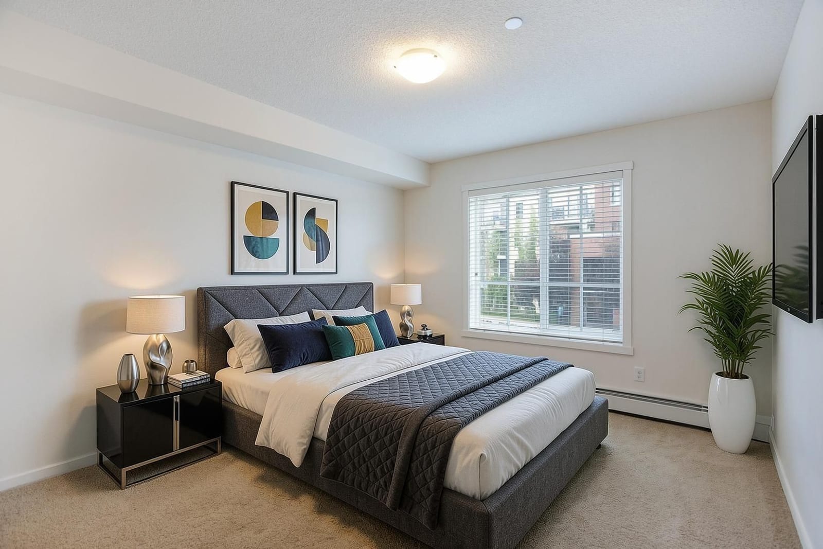Furnished primary-bedroom presentation; unfurnished view also provided