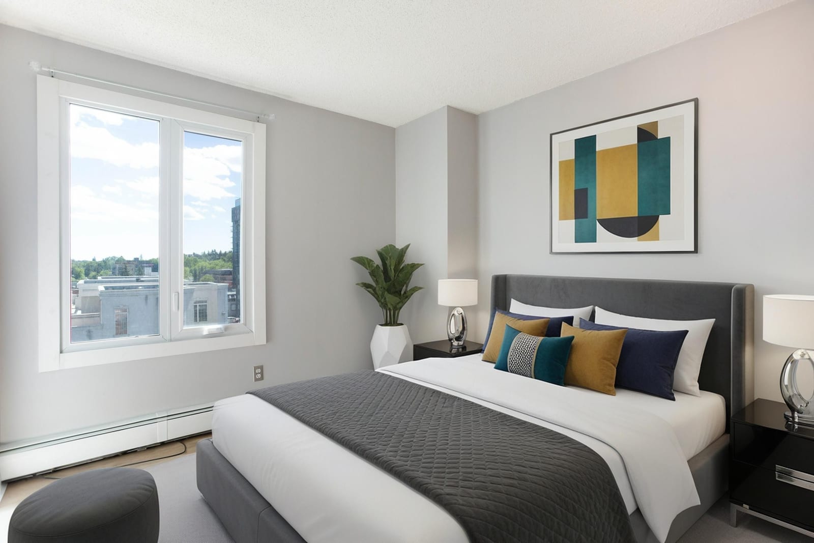 Furnished first-bedroom presentation; unfurnished view also provided