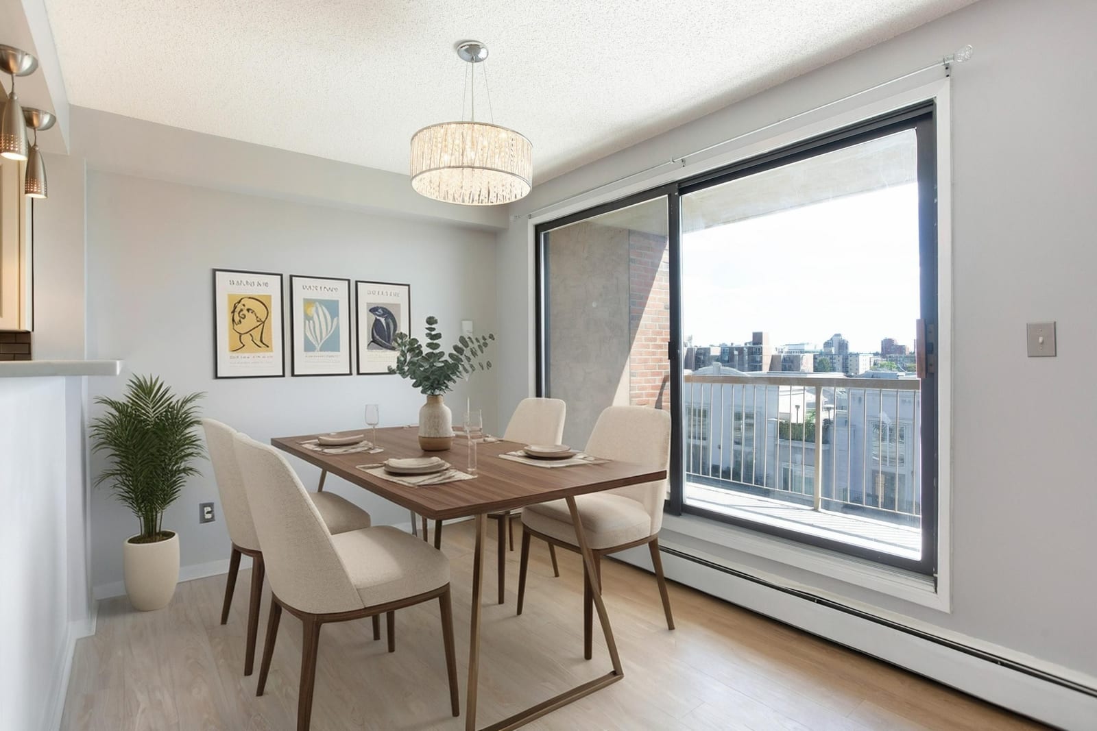Furnished dining presentation; unfurnished view also provided