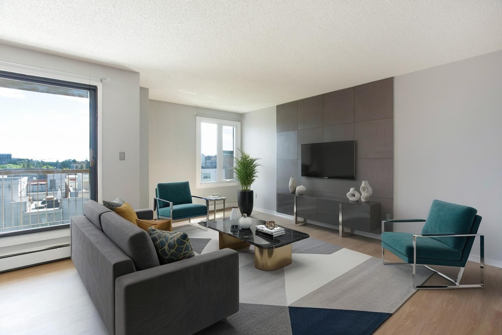 Furnished living-room presentation; unfurnished views also provided