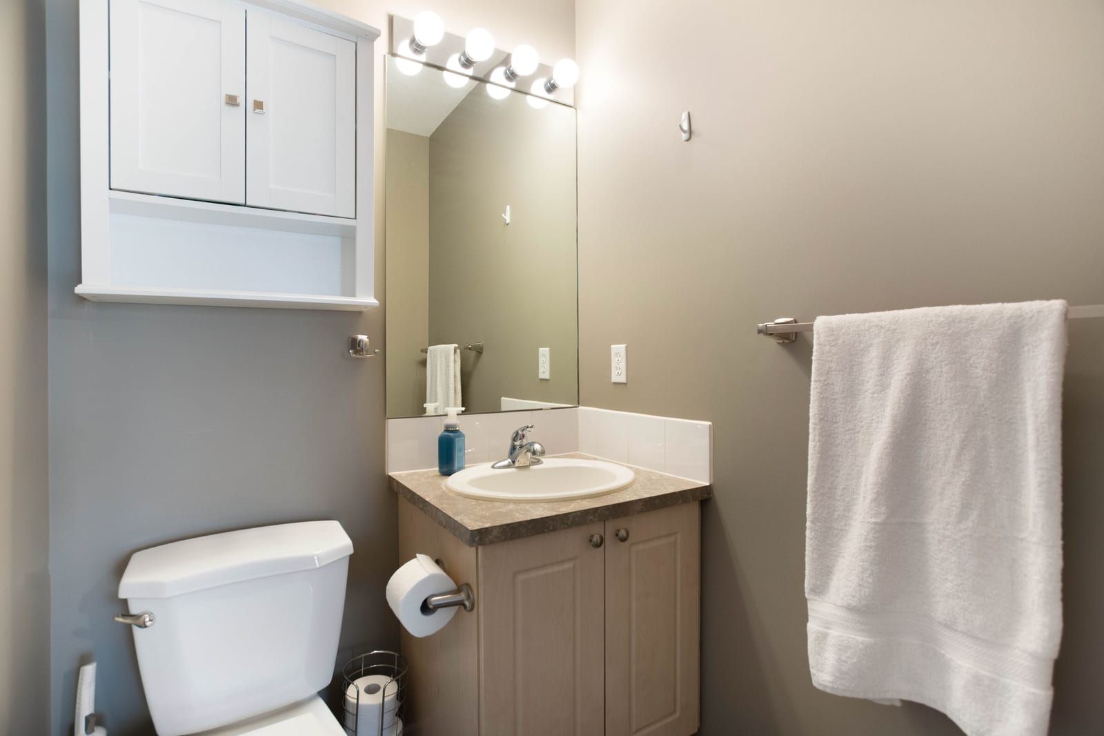 The upper-level powder room