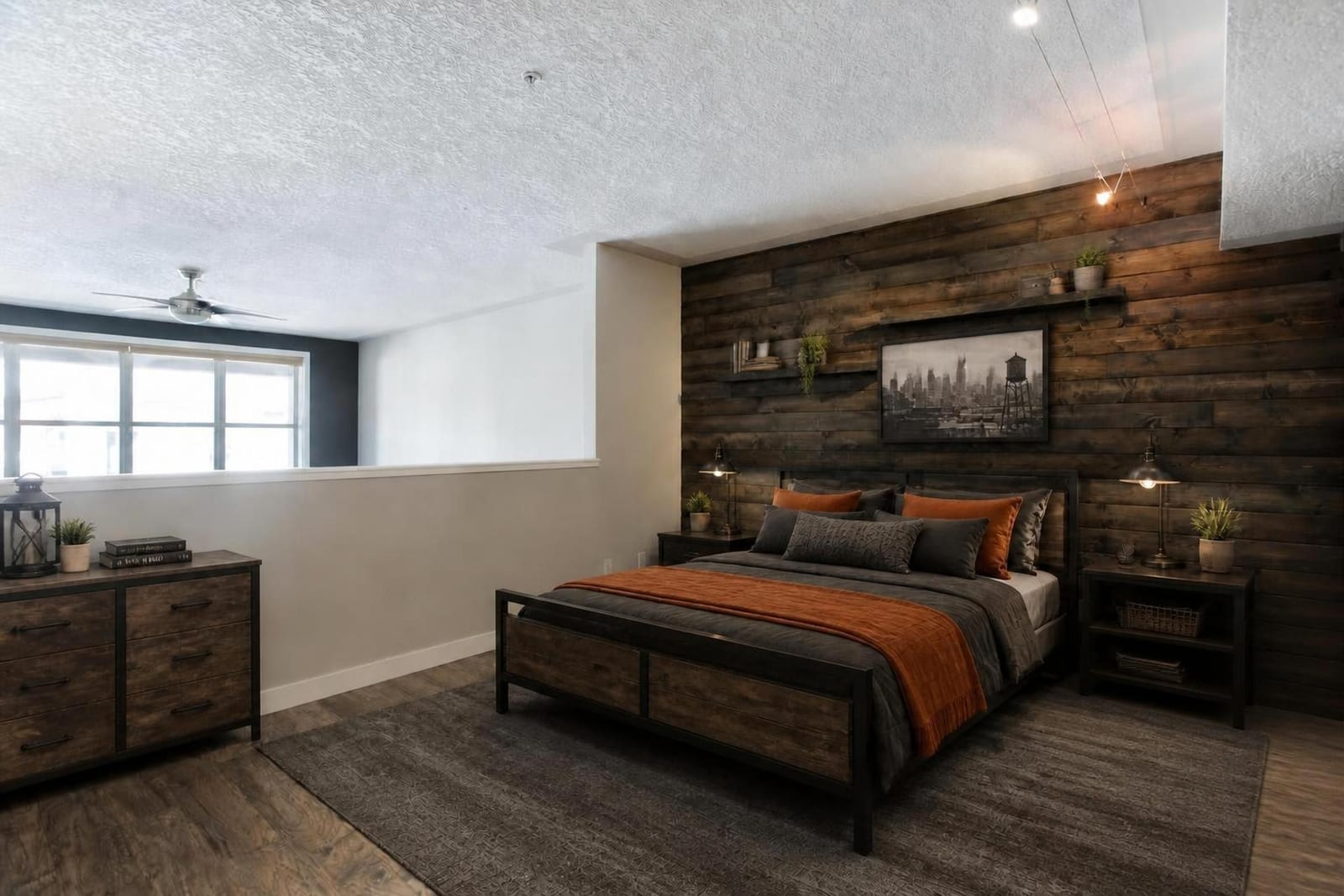 Furnished loft-bedroom presentation — compare unfurnished views