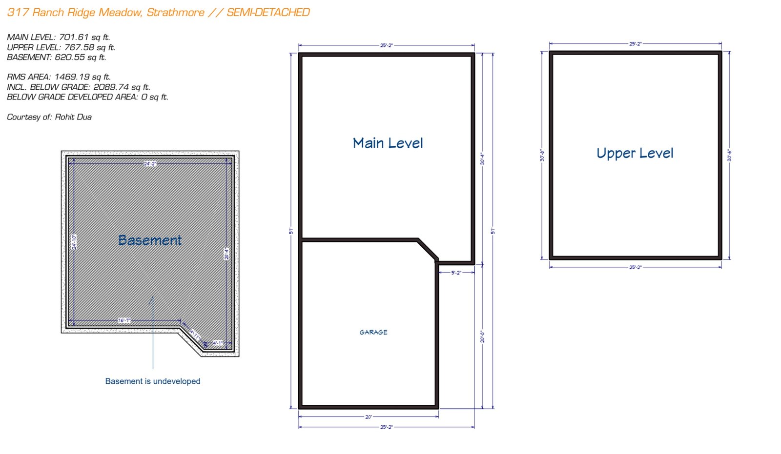 Ranch Ridge Meadow measurement diagram: main level, upper level and undeveloped basement