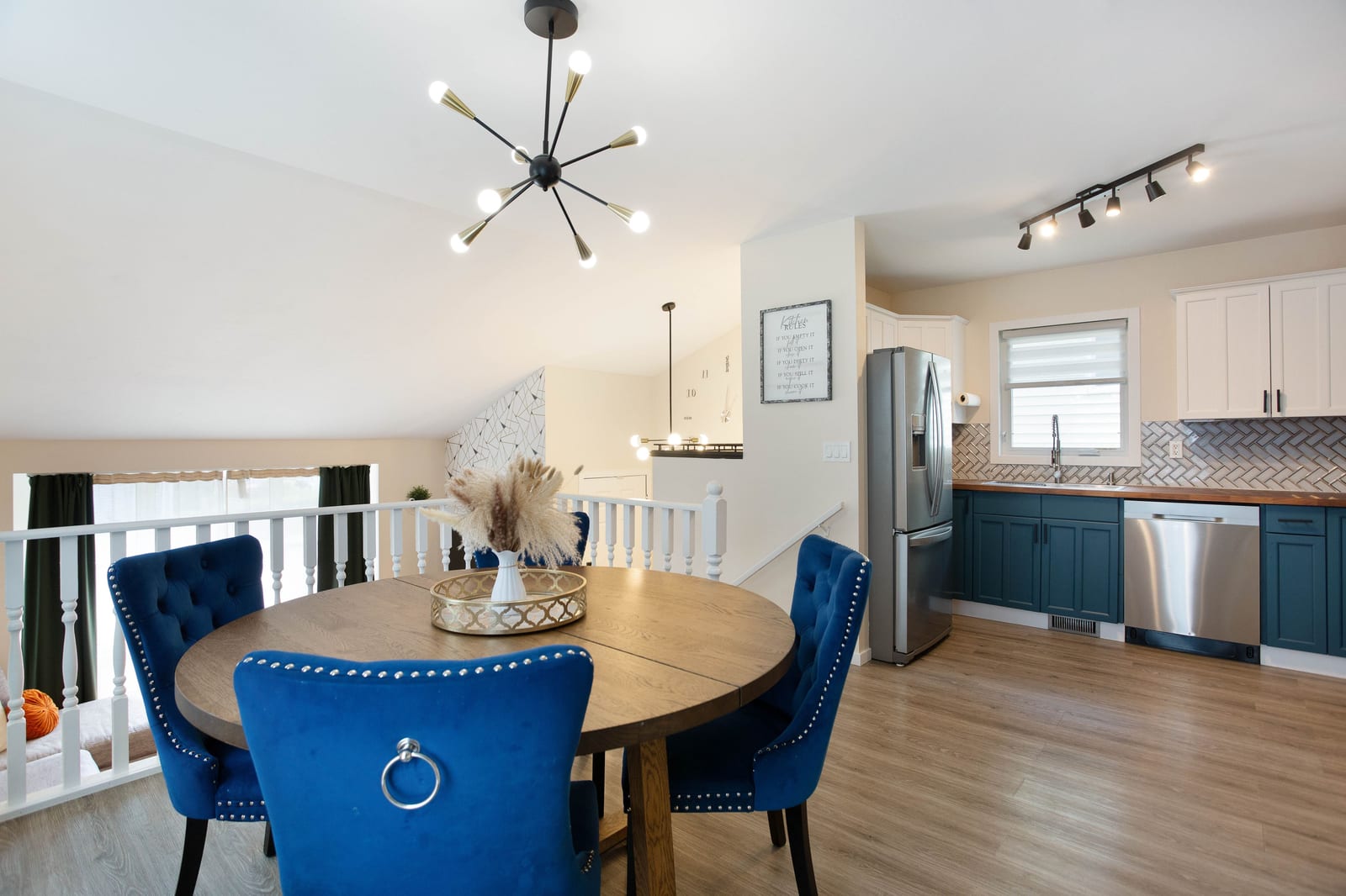 Dining beside the blue-and-white kitchen