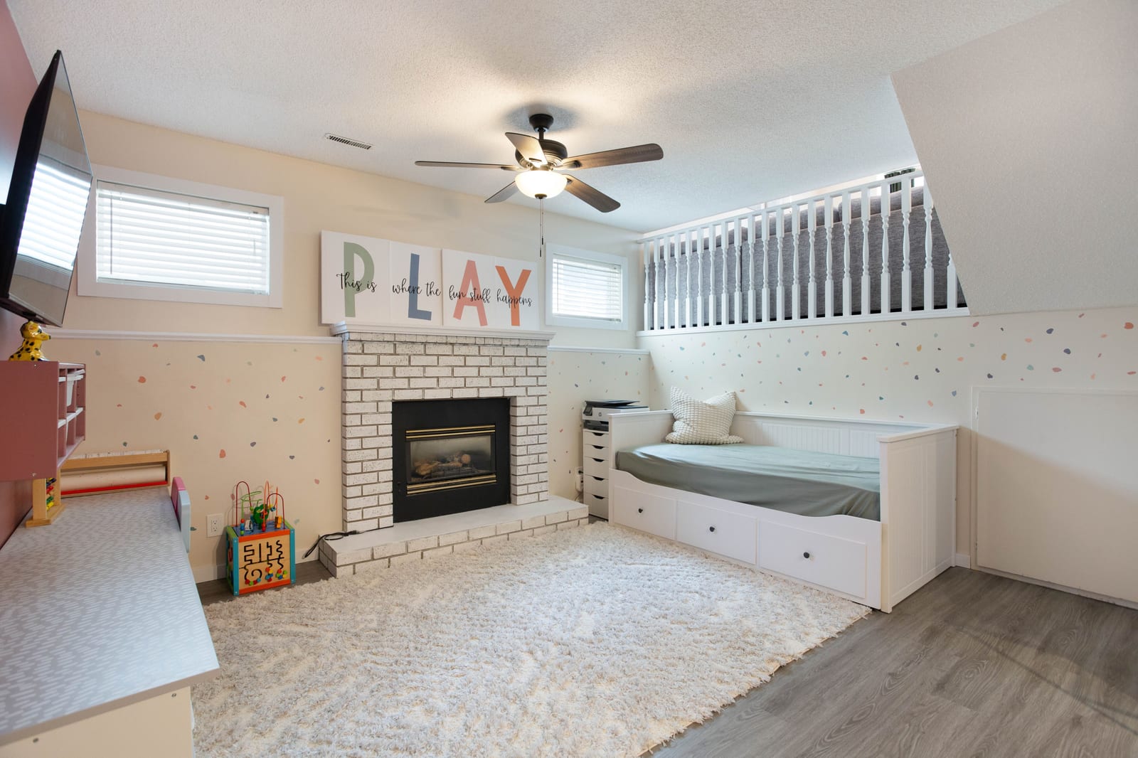 Family room fireplace and seating area