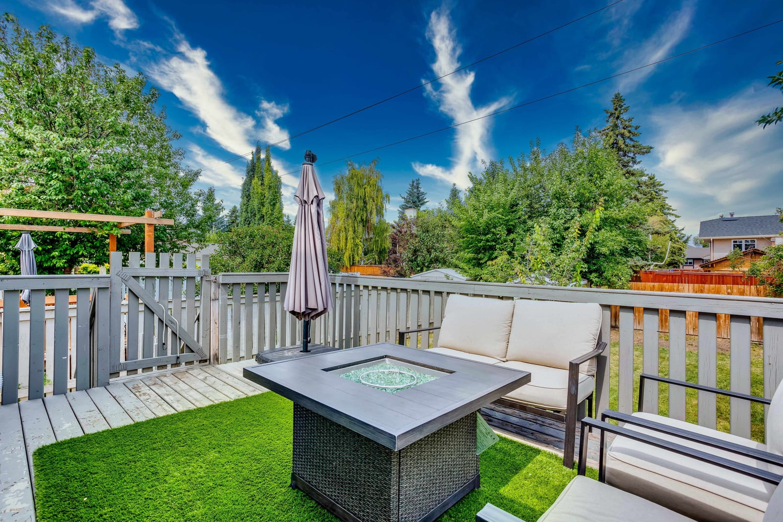 The raised backyard deck