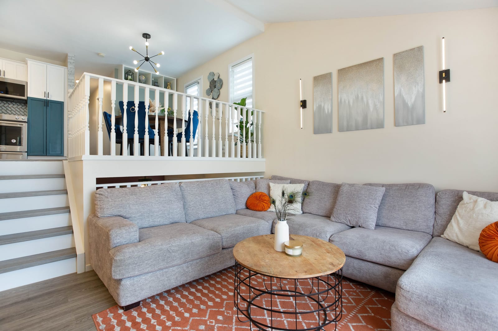 Living room and raised dining area