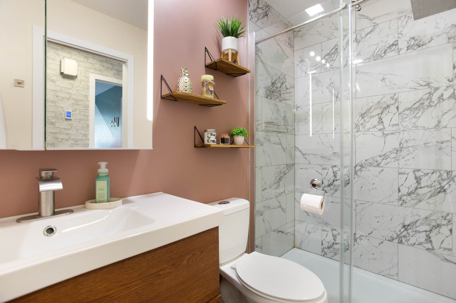 The upper-level bathroom