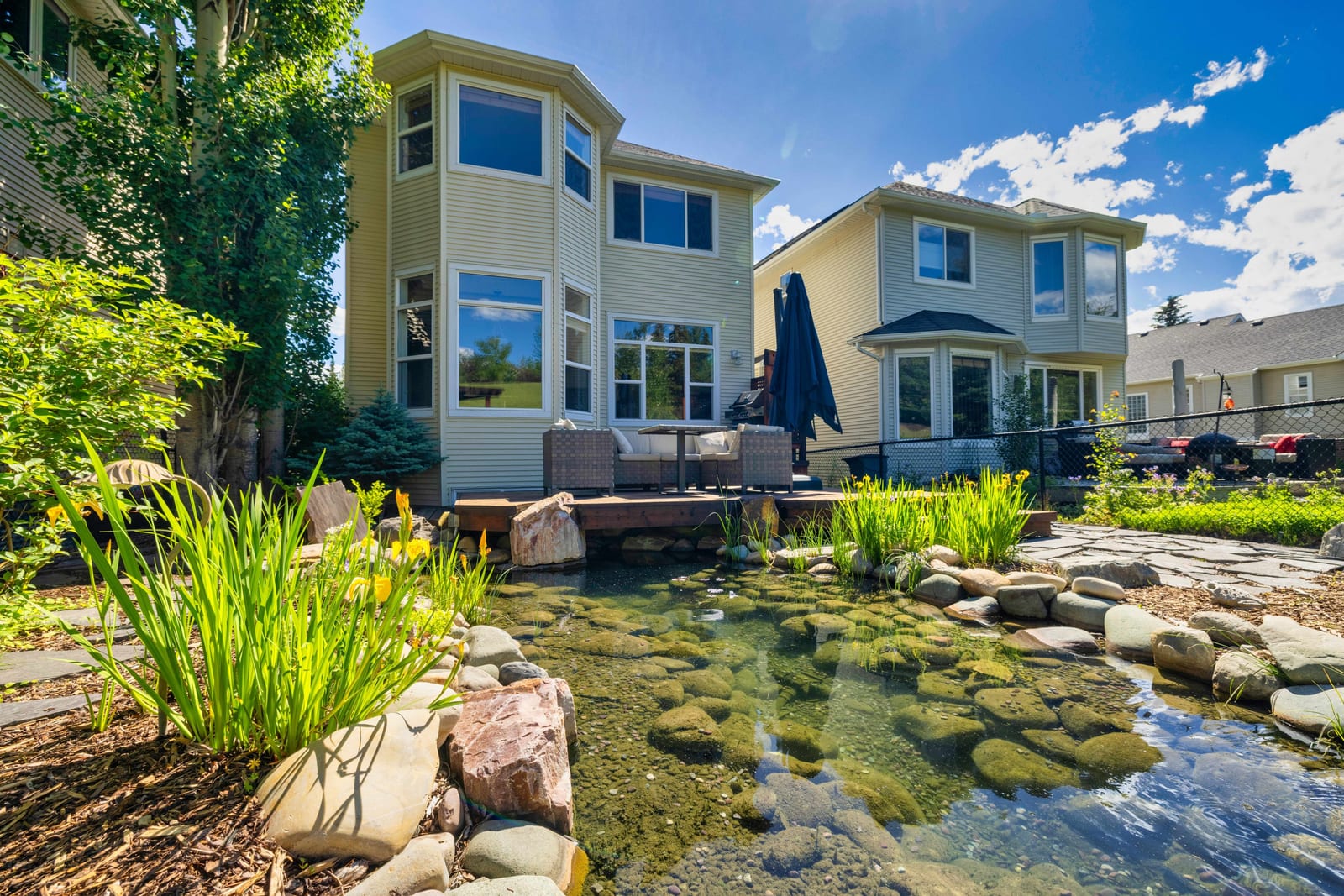 Rear elevation and ornamental garden pond