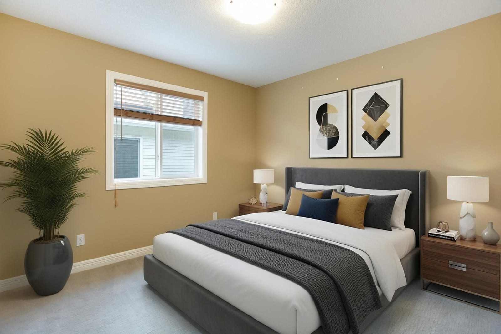 Furnished bedroom presentation; unfurnished view also provided
