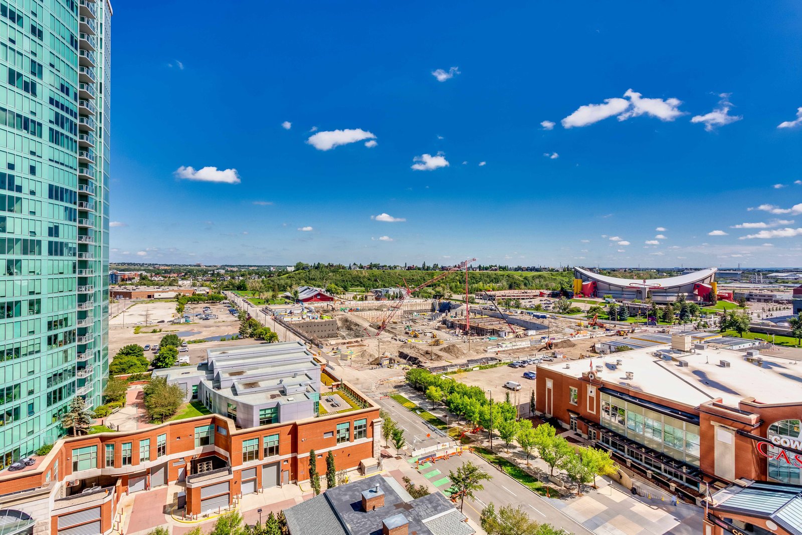 Elevated view toward Stampede Park and the Saddledome