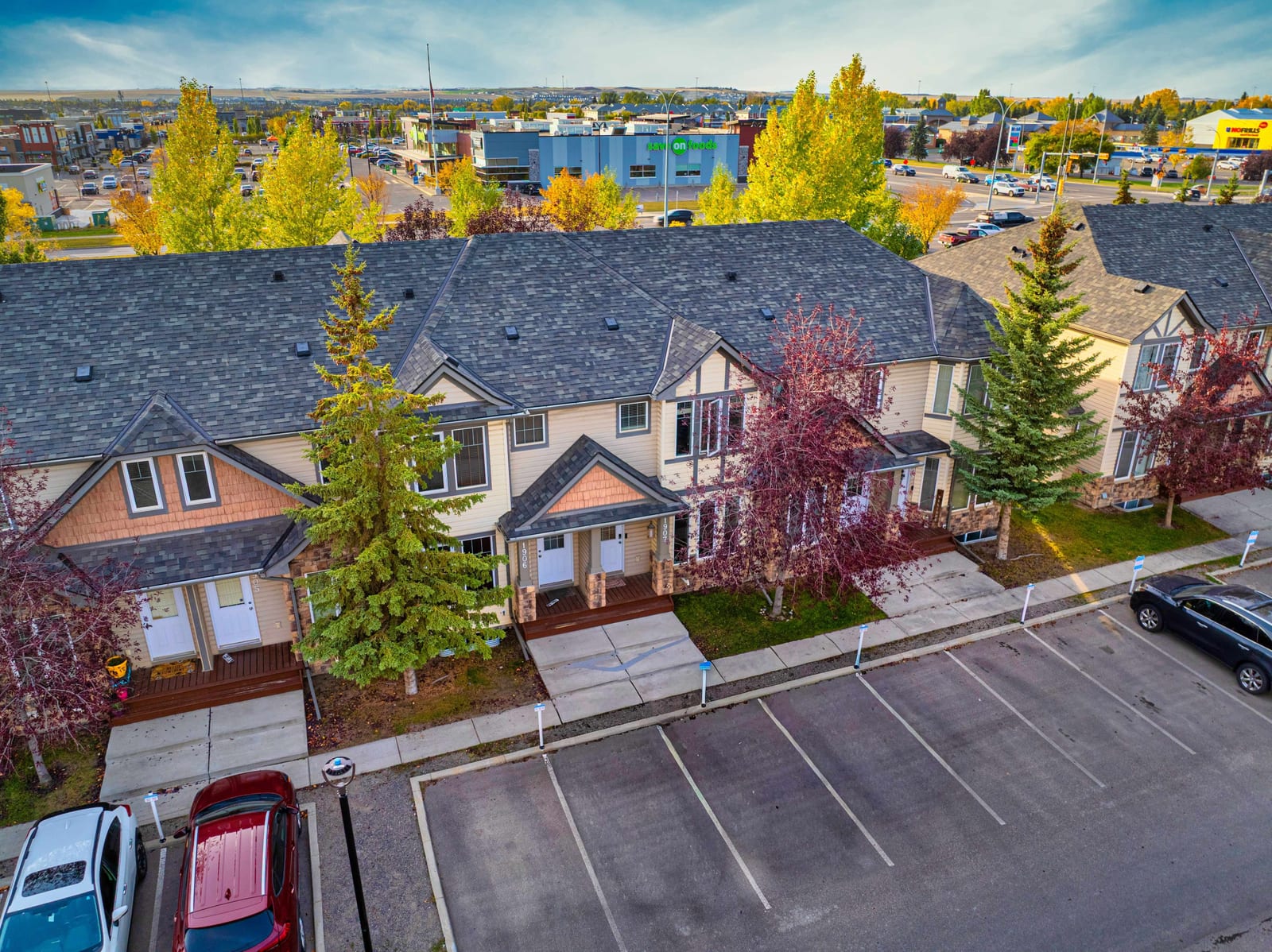 An aerial view of the townhome row