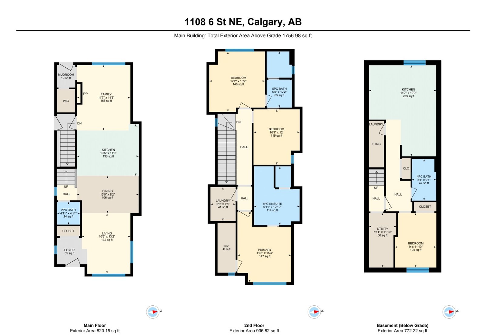 Original 1108 6 Street NE floor plan: main floor, upper level and lower level
