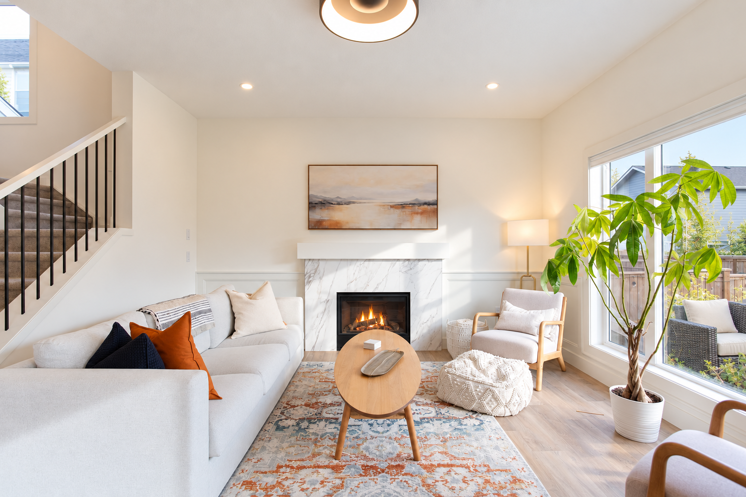 Living room with fireplace and large window — 809 Mandalay Link