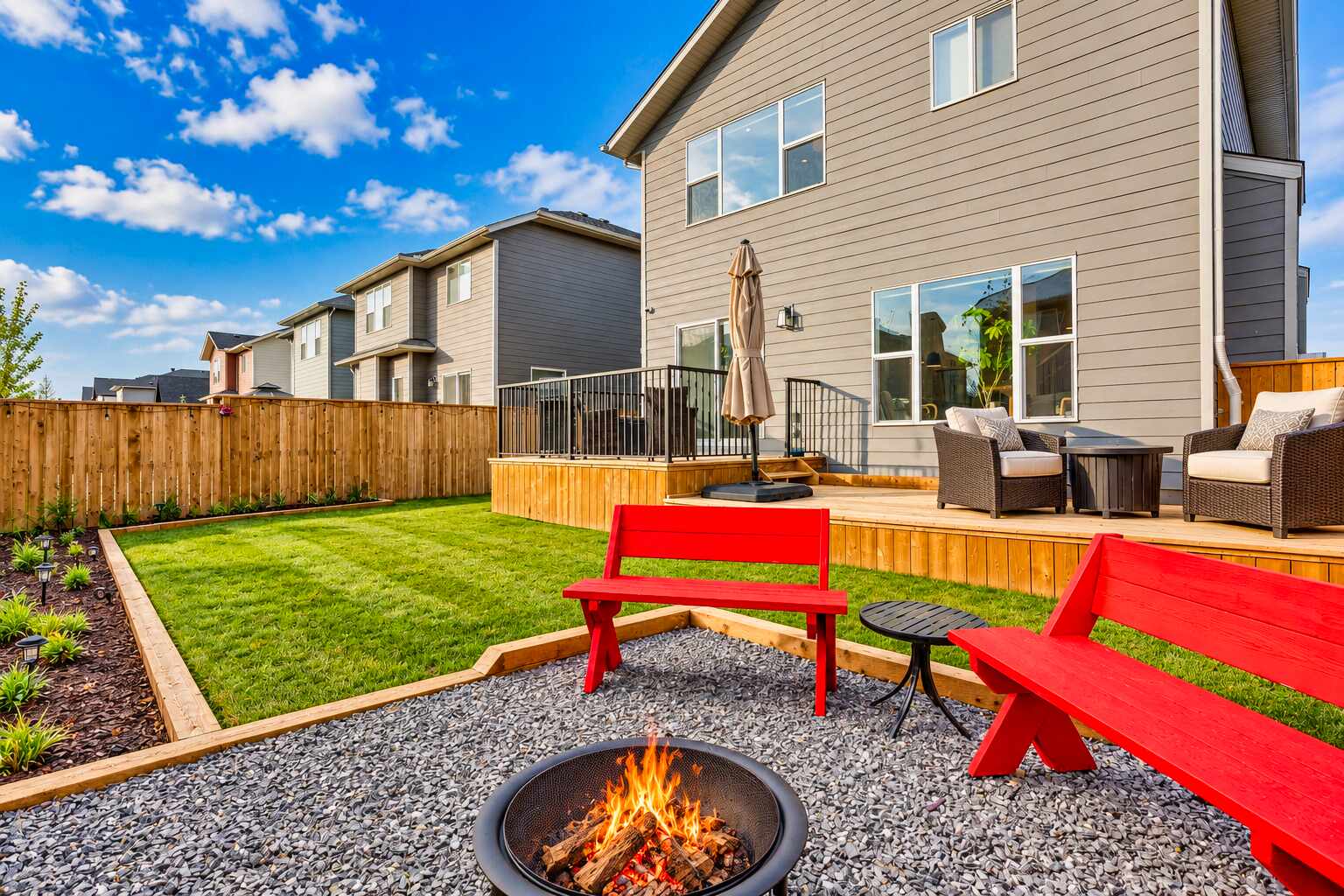 Backyard fire pit area and rear deck — 809 Mandalay Link
