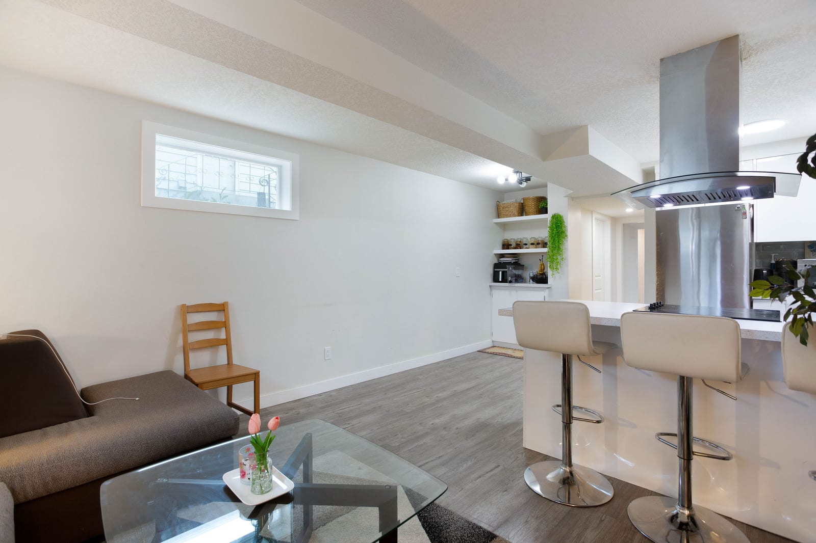 Lower-level kitchen and dining connection