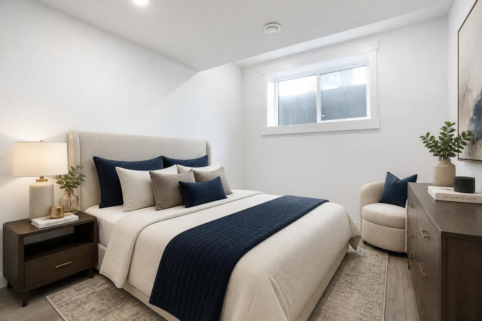 Furnished lower-level bedroom presentation — supplied paired-home gallery; confirm 1106 finishes