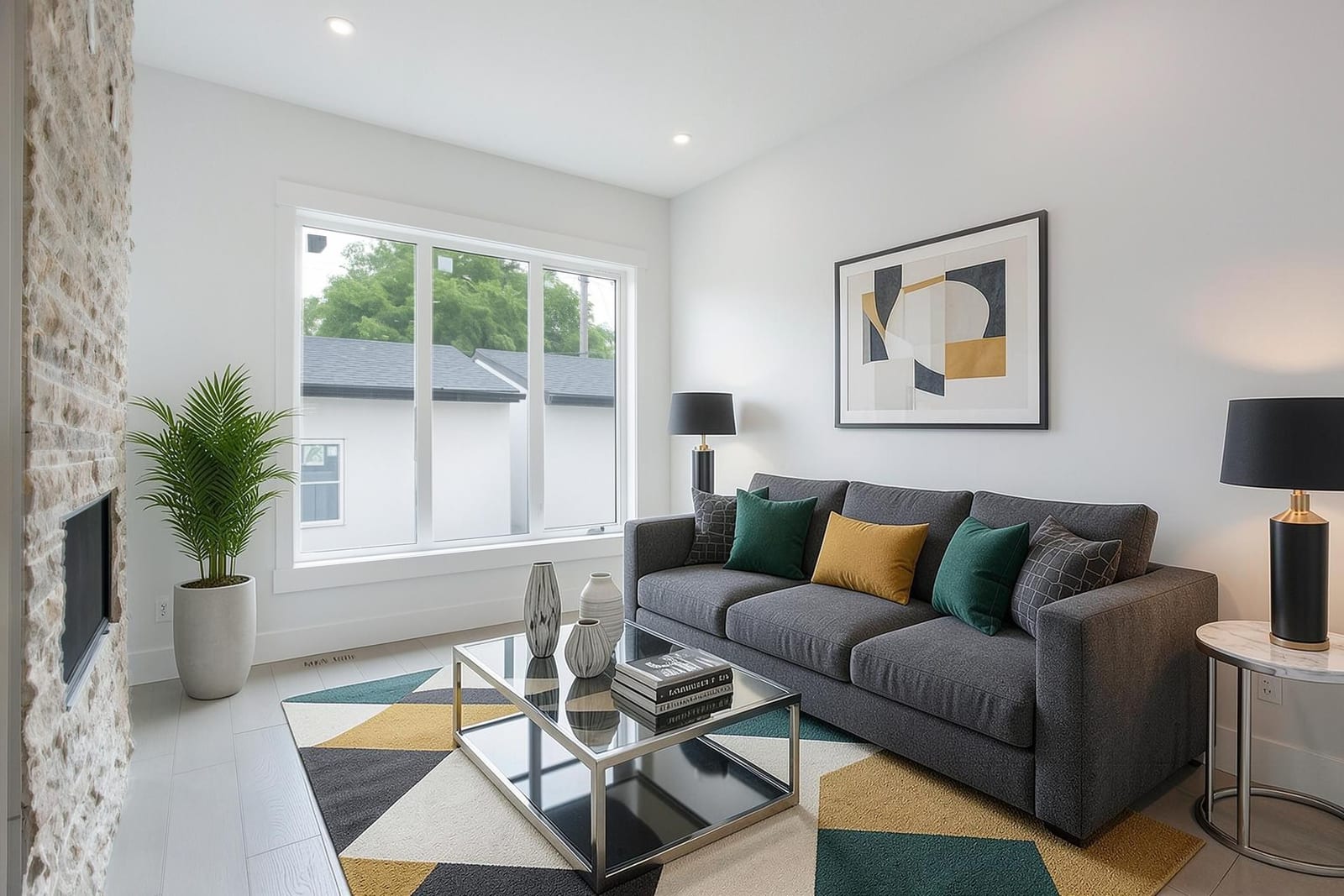 Furnished living-room presentation; unfurnished views also provided — supplied paired-home gallery; confirm 1106 finishes