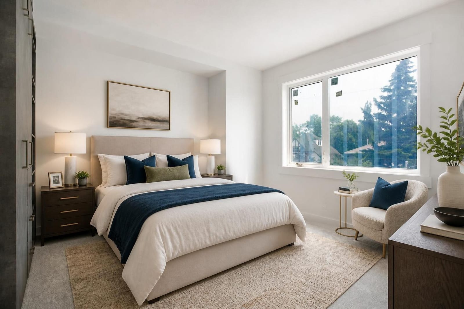 Furnished bedroom presentation; unfurnished views also provided — supplied paired-home gallery; confirm 1106 finishes