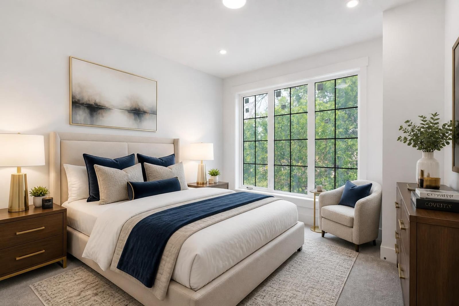 Furnished primary-bedroom presentation; unfurnished views also provided — supplied paired-home gallery; confirm 1106 finishes