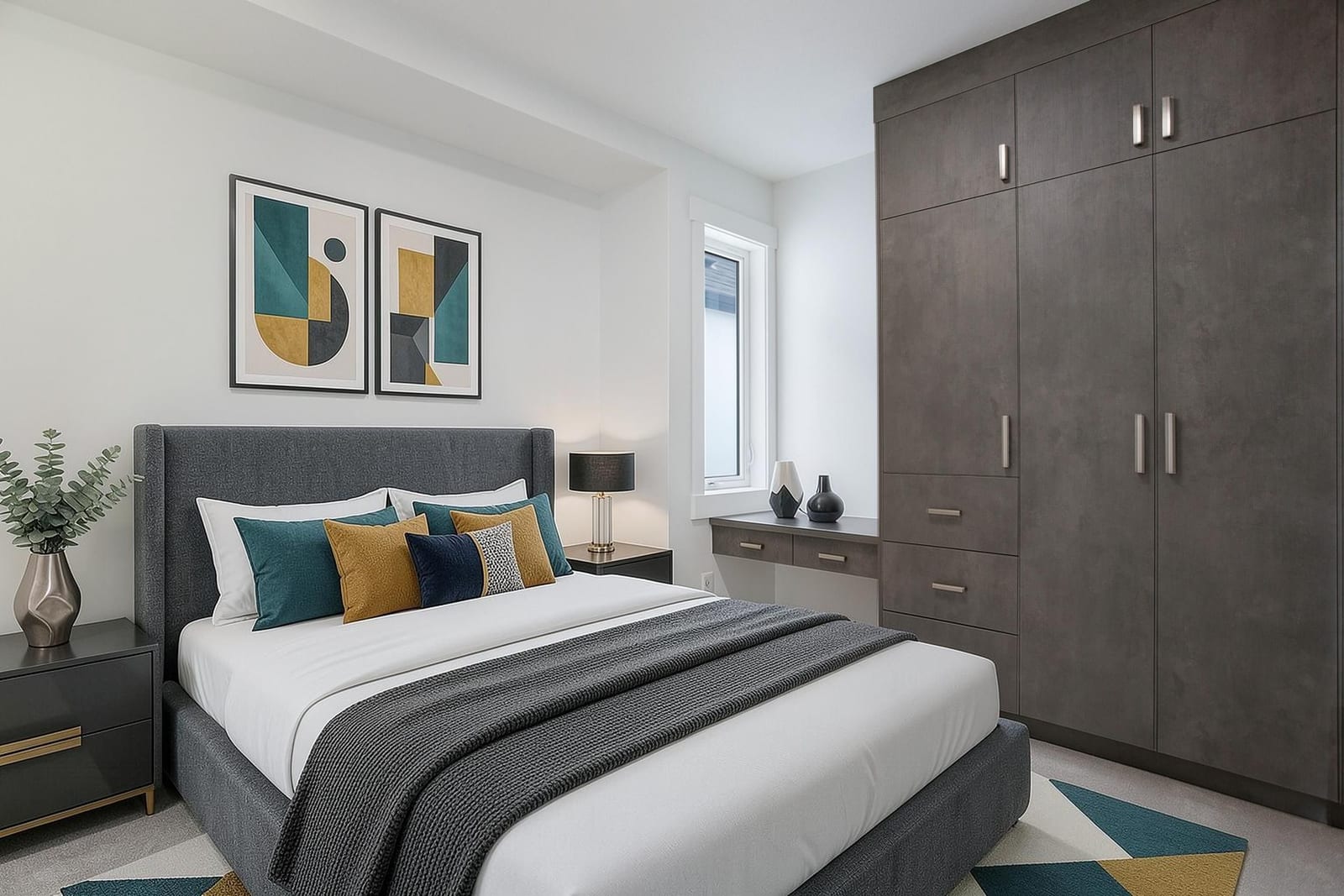 Furnished bedroom presentation with built-in closet — supplied paired-home gallery; confirm 1106 finishes