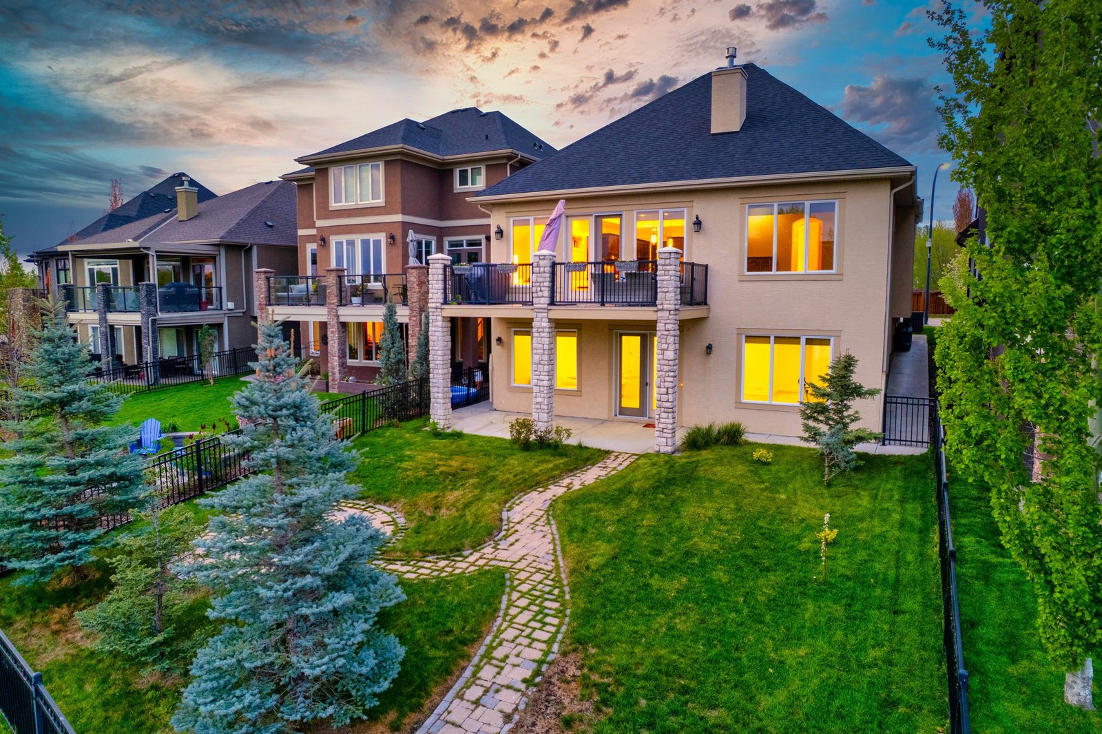 Rear walkout elevation at dusk