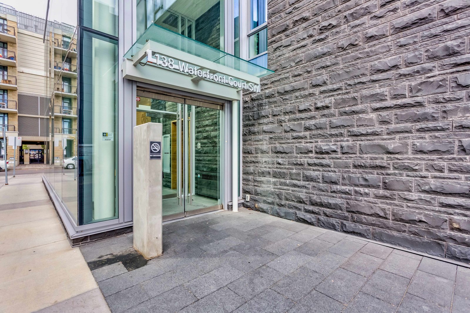 Glass entrance to Waterfront building