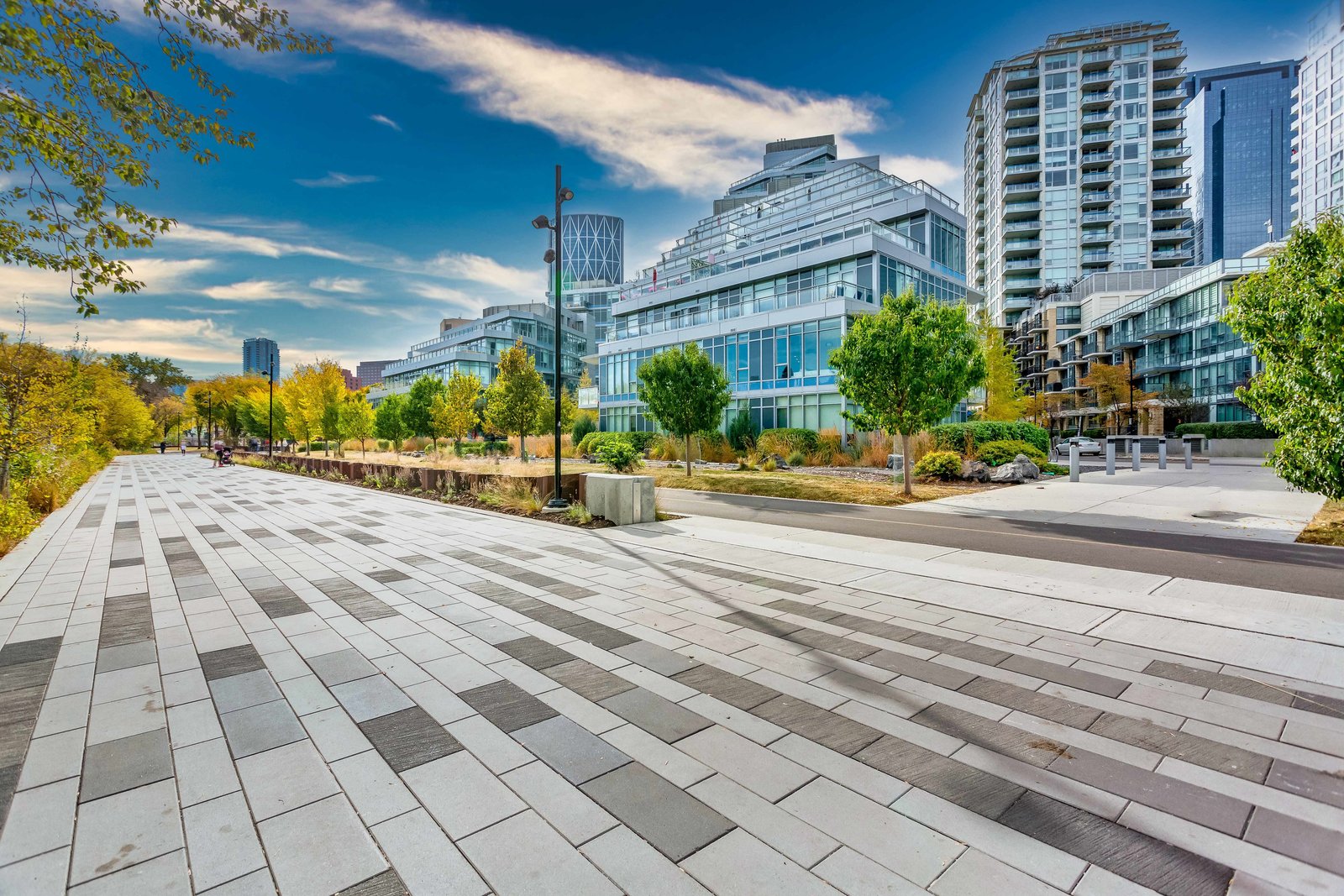 Paved public space beside Waterfront buildings