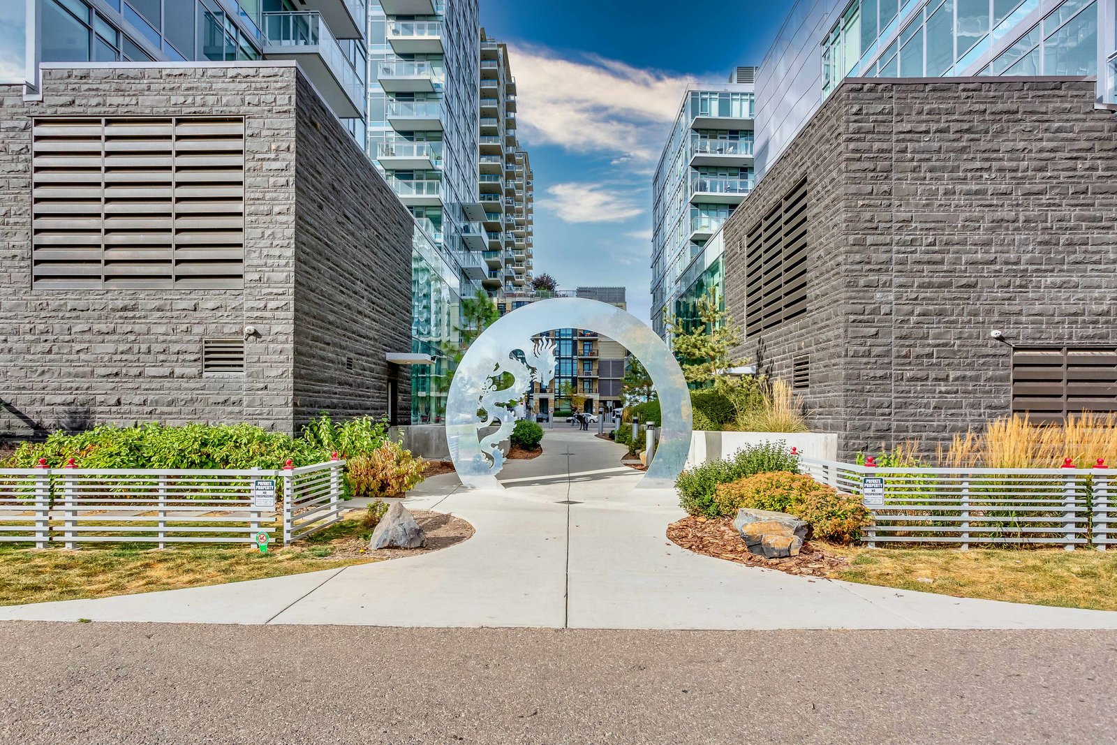 Courtyard walkway and circular sculpture