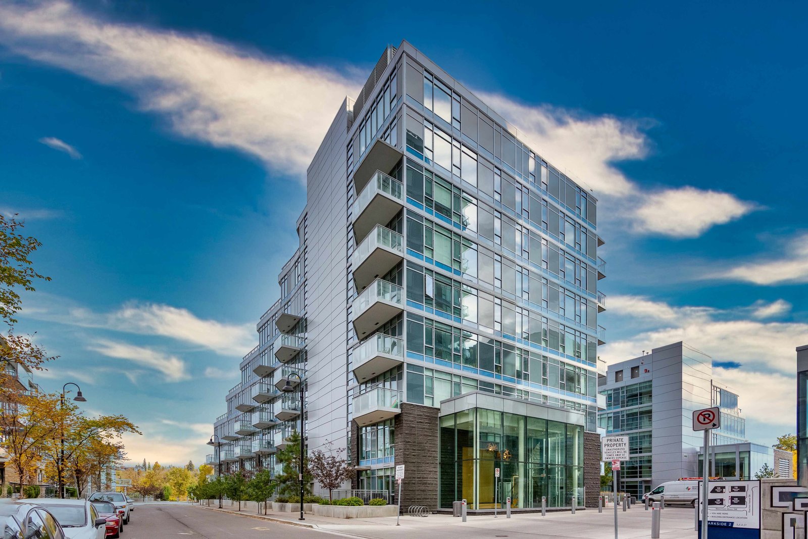 Waterfront building exterior and corner balconies