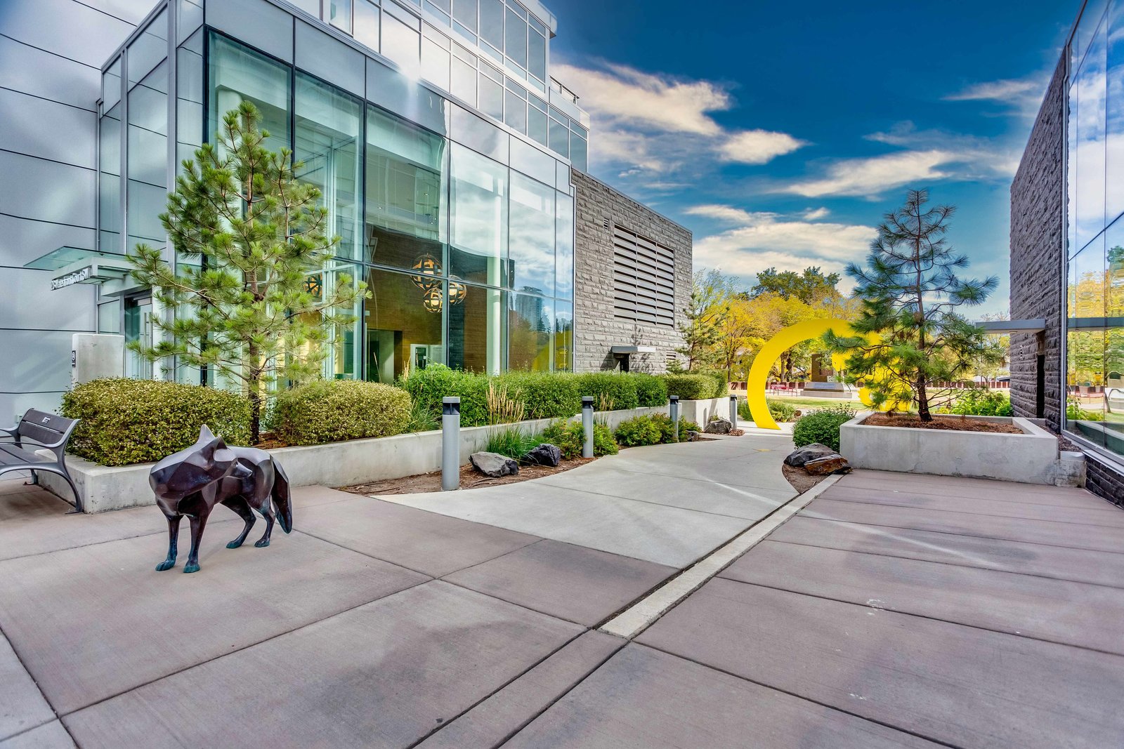 Building entrance and landscaped pedestrian space