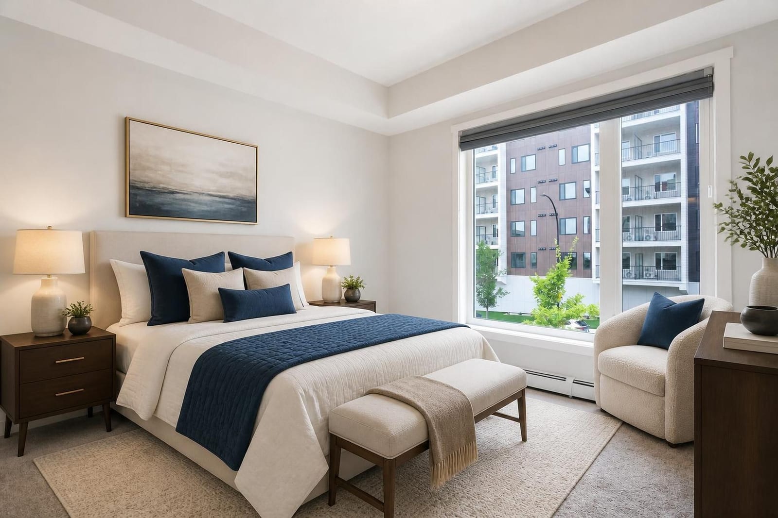 Furnished bedroom presentation — compare unfurnished views