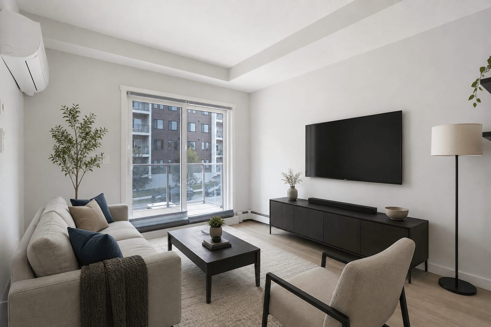 Furnished living-room presentation — compare unfurnished views