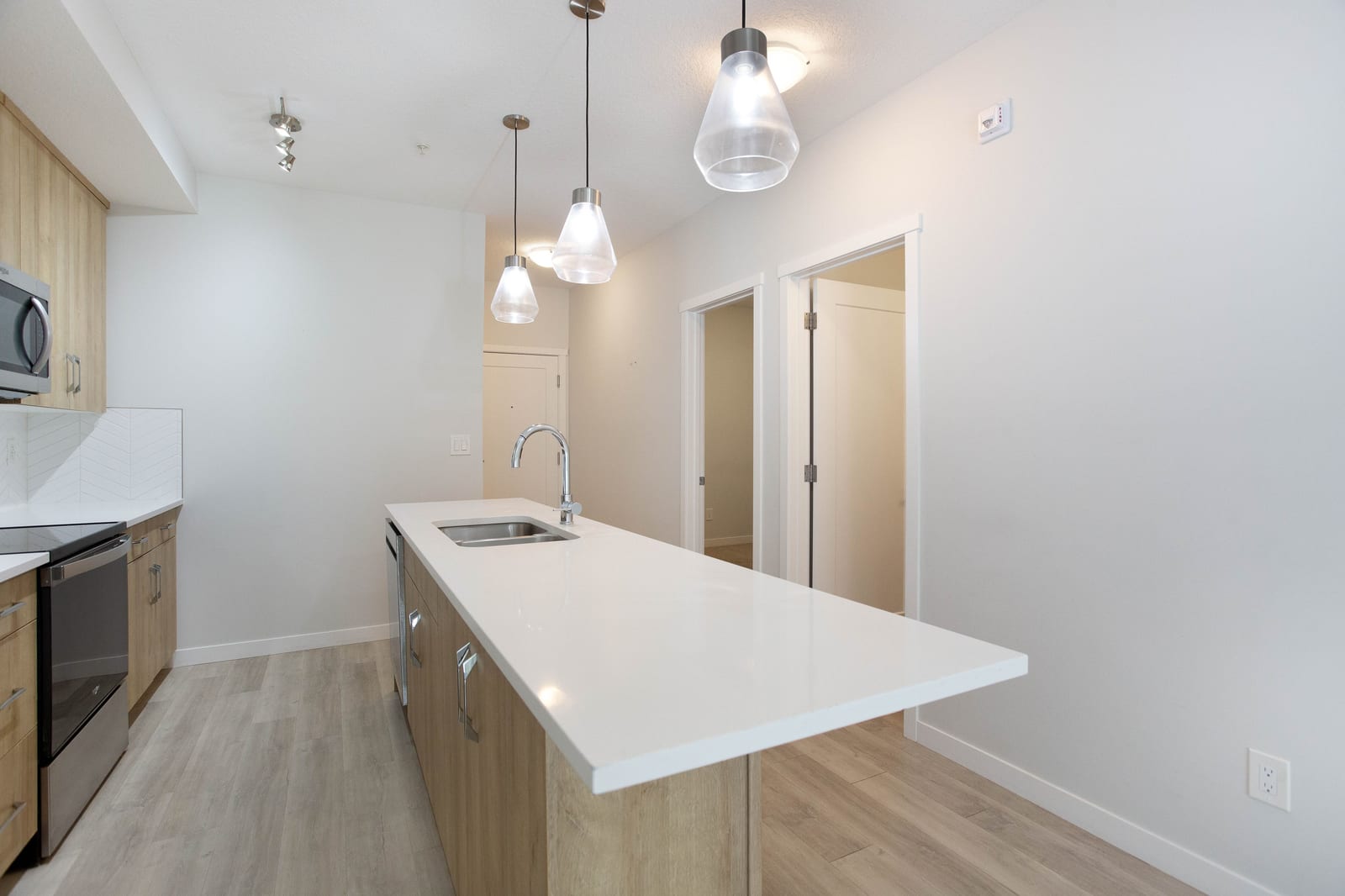 The kitchen island from the entry