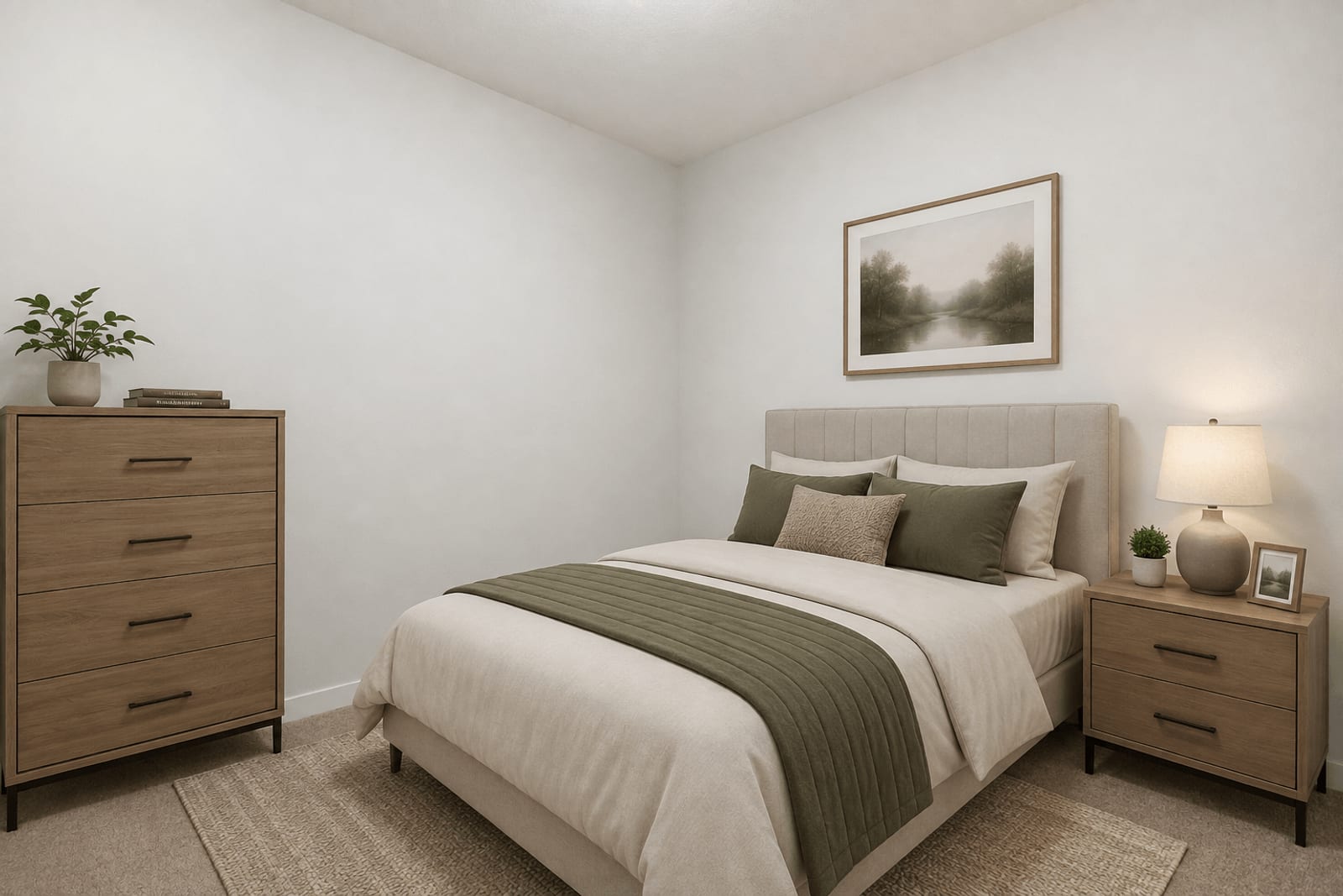 Furnished second-bedroom presentation — compare unfurnished views
